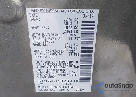 2014 Nissan Rogue S z USA, uszkodzony, nr VIN 5N1AT2ML2EC828449